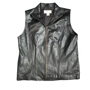 Vintage Lisa International Women's M Black Genuine Leather Collard Zip Up Vest‎